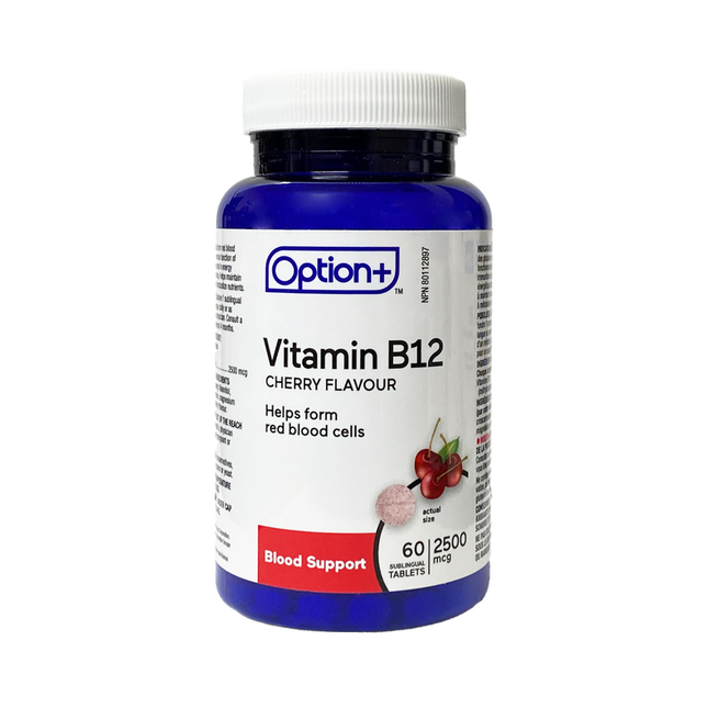 Option+ Vitamine B12 2500 mcg, saveur cerise | 60 comprimés sublinguaux