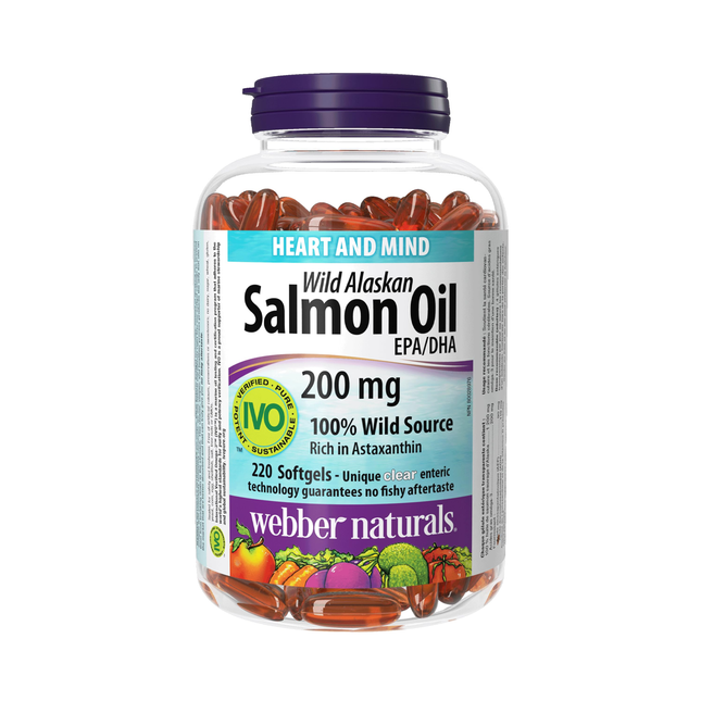 Webber Naturals - Huile de saumon sauvage d'Alaska 200 mg EPA/DHA | 220 gélules molles entériques transparentes