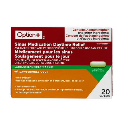 Option+ Médicament pour les sinus, soulagement diurne, 500 mg, extra fort | 20 comprimés