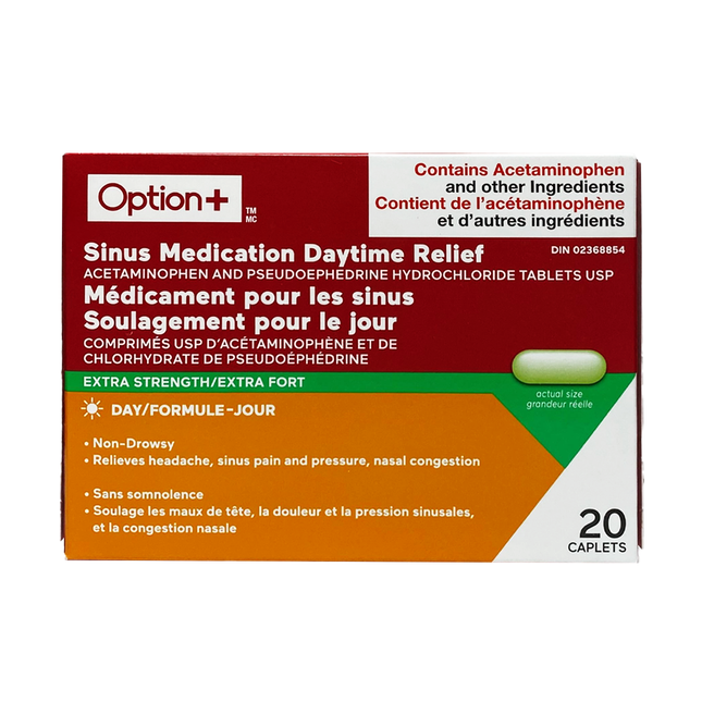 Option+ Sinus Medication Daytime Relief 500 mg, Extra Strength | 20 Caplets