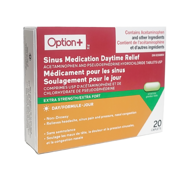 Option+ - Sinus Medication Daytime Relief 500 MG - Extra Strength | 20 Caplets