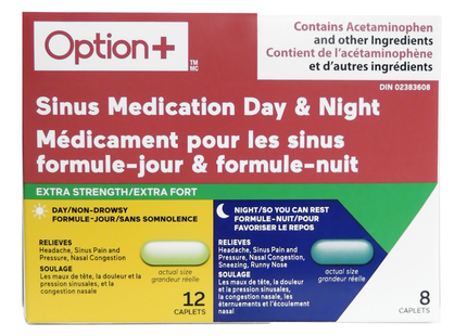 Option+ Médicament extra fort pour les sinus 500 mg jour et nuit | 12 caplets jour + 8 caplets nuit