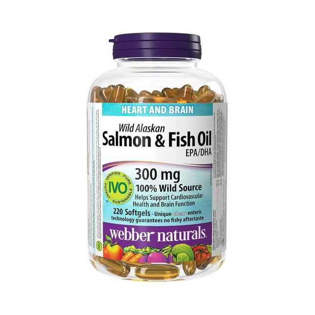 Webber Naturals - Huile de saumon et de poisson sauvage d'Alaska 300 mg EPA/DHA | 220 gélules molles entériques transparentes