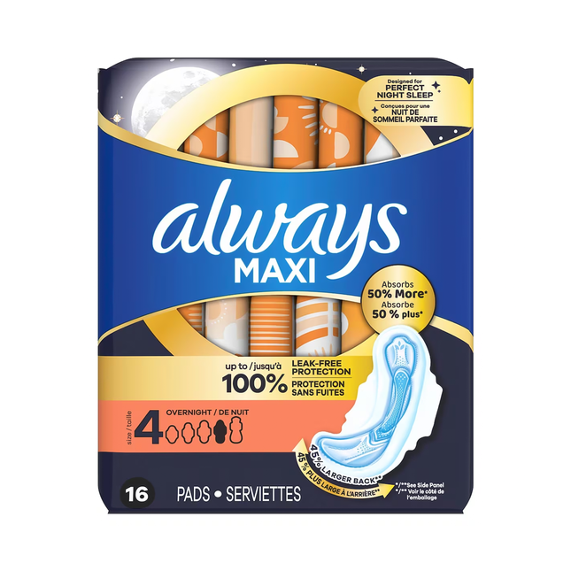 Always - Maxi Overnight Pads with Wings, Size 4 | 16 Pads