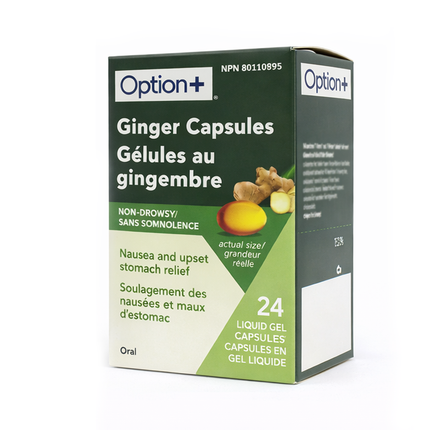 Option+ Non-Drowsy Anti-Nausea Ginger Capsules | 24 Liquid Gels