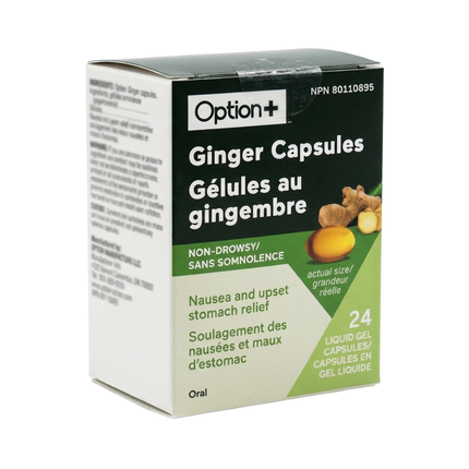 Option+ Non-Drowsy Anti-Nausea Ginger Capsules | 24 Liquid Gels