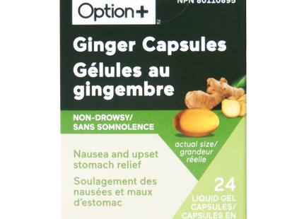 Option+ Capsules de gingembre anti-nausées sans somnolence | 24 gels liquides