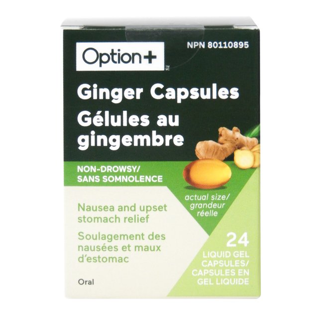 Option+ Capsules de gingembre anti-nausées sans somnolence | 24 gels liquides