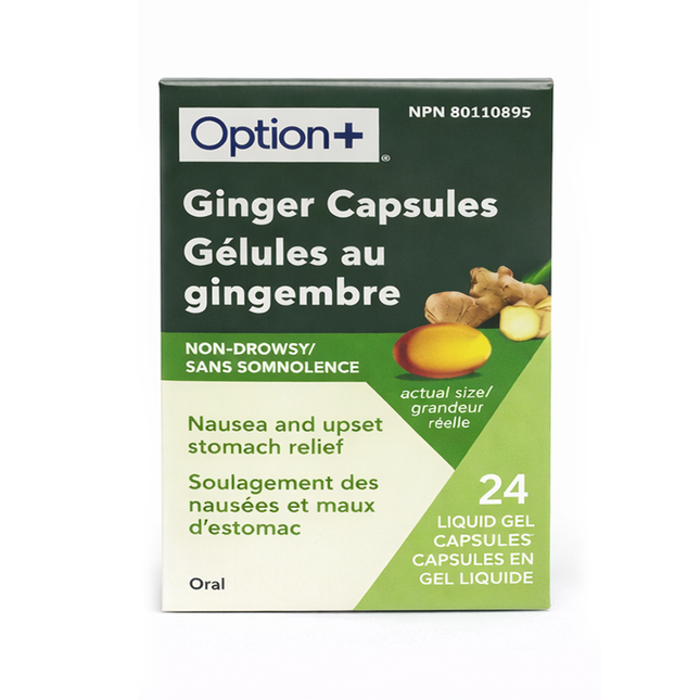 Option+ Capsules de gingembre anti-nausées sans somnolence | 24 gels liquides