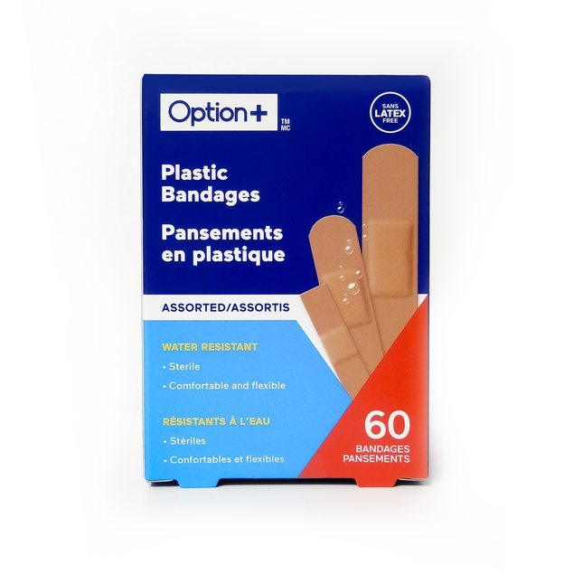 Option+ - Pansements en plastique résistants à l'eau assortis | 60 pansements