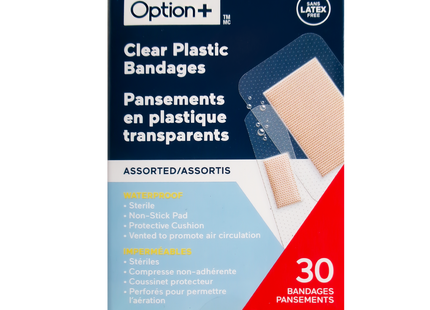 Option+ Clear Plastic Bandages, Assorted | 30 Bandages