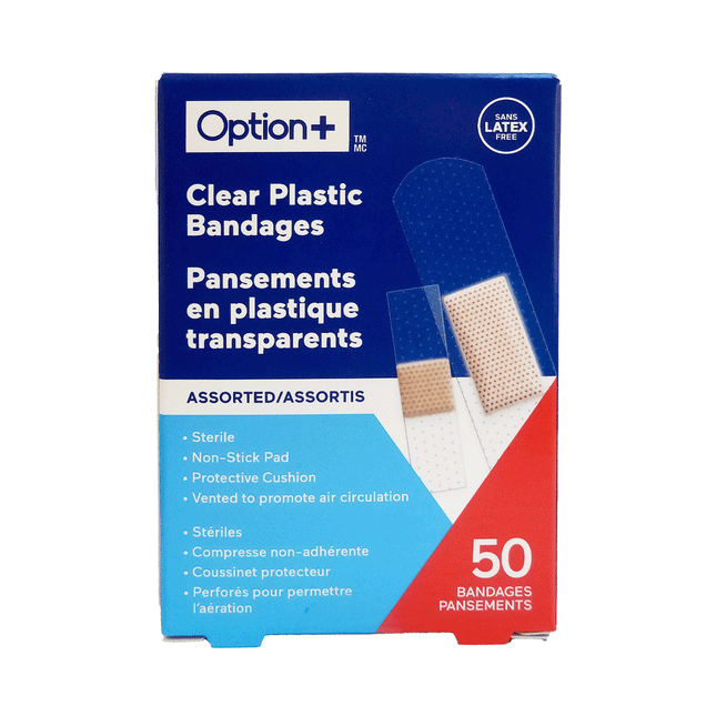Option+ Pansements en plastique transparent, assortis | 50 pansements