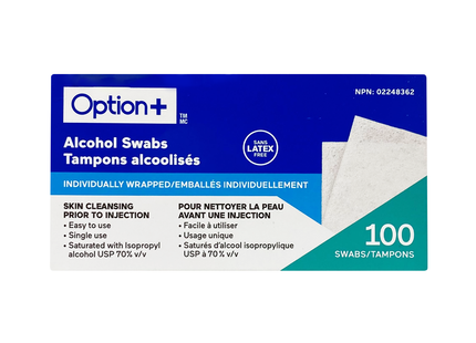 Option+ Tampons alcoolisés | 100 écouvillons emballés individuellement