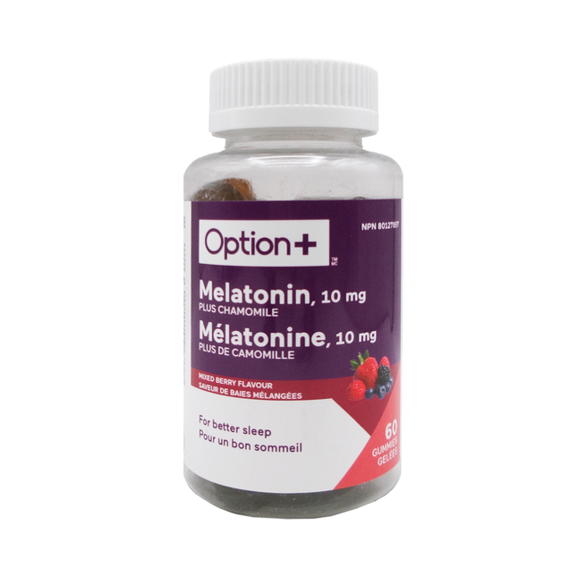Option+ Melatonin Gummies 10 mg with Chamomile, Mixed Berry | 60 Gummies