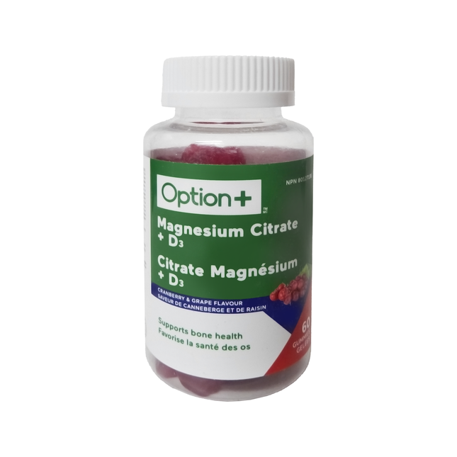 Option+ Citrate de Magnésium + D3 - Saveur Canneberge et Raisin | 60 gommes
