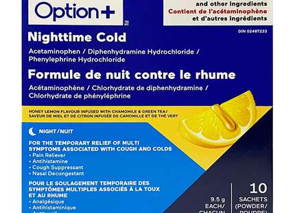 Option+ Rhume nocturne, saveur miel-citron, infusé à la camomille et au thé vert | 10 sachets
