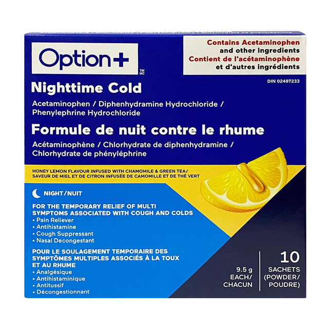 Option+ Rhume nocturne, saveur miel-citron, infusé à la camomille et au thé vert | 10 sachets