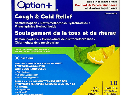 Option+ Soulagement de la toux et du rhume, saveur thé vert et miel citron | 10 sachets