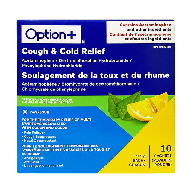Option+ Soulagement de la toux et du rhume, saveur thé vert et miel citron | 10 sachets