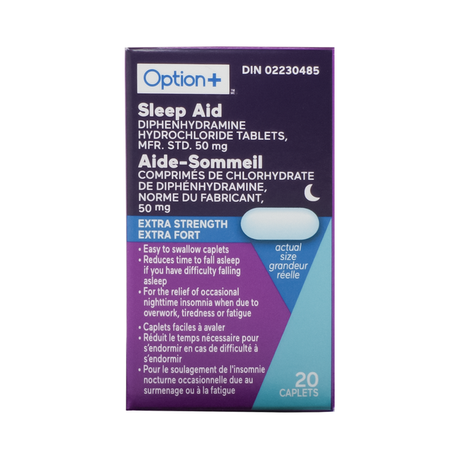 Option+ Somnifère extra fort Chlorhydrate de diphenhydramine 50 mg | 20 caplets