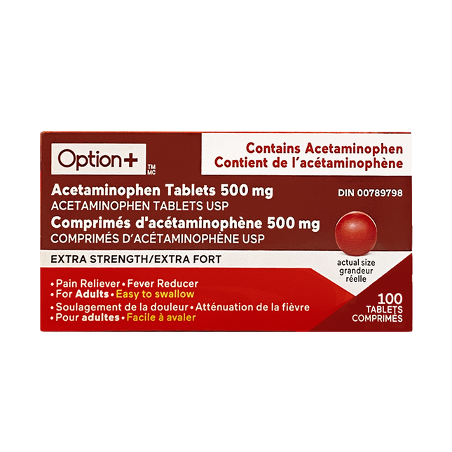 Option+ Comprimés d'acétaminophène 500 mg, extra fort | 100 comprimés