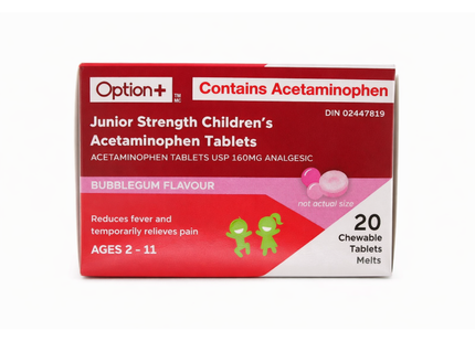 Option+ Junior Strength Children’s Acetaminophen, Bubblegum Flavour | 20 Chewable Tablets