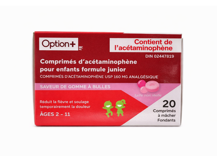 Option+ Junior Strength Children’s Acetaminophen, Bubblegum Flavour | 20 Chewable Tablets