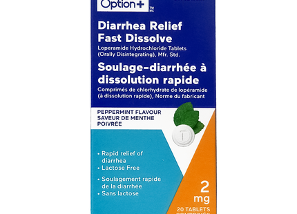 Option+ Soulagement de la diarrhée à dissolution rapide 2 mg, saveur menthe poivrée | 20 comprimés