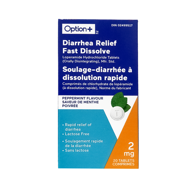 Option+ Soulagement de la diarrhée à dissolution rapide 2 mg, saveur menthe poivrée | 20 comprimés