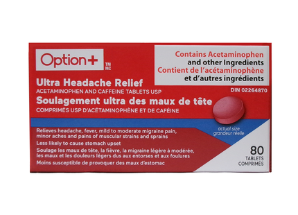 Option+ Ultra Soulagement des maux de tête Acétaminophène 500 mg + Caféine 65 mg | 80 comprimés