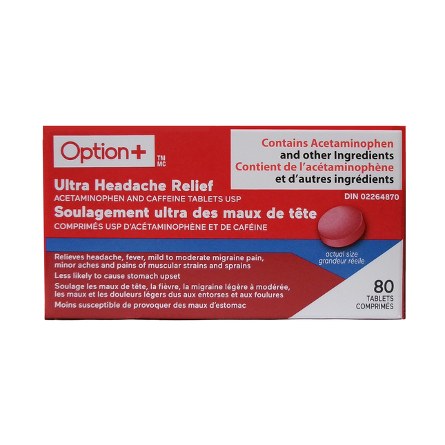 Option+ Ultra Soulagement des maux de tête Acétaminophène 500 mg + Caféine 65 mg | 80 comprimés