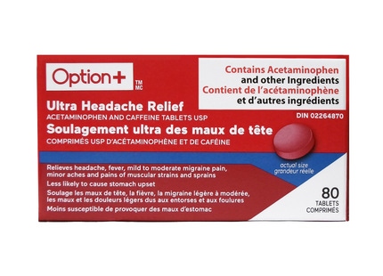 Option+ Ultra Soulagement des maux de tête Acétaminophène 500 mg + Caféine 65 mg | 80 comprimés