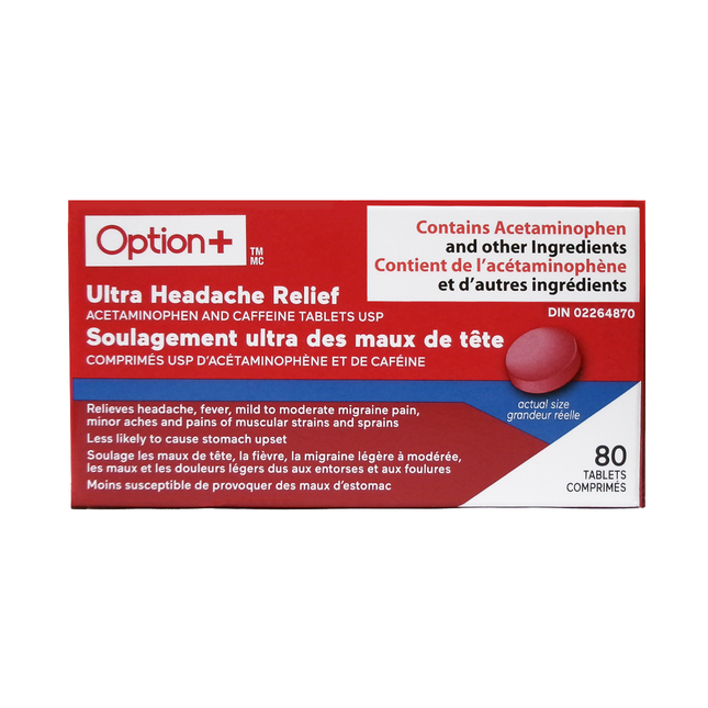 Option+ Ultra Soulagement des maux de tête Acétaminophène 500 mg + Caféine 65 mg | 80 comprimés