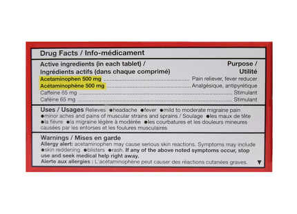 Option+ Ultra Soulagement des maux de tête Acétaminophène 500 mg + Caféine 65 mg | 80 comprimés