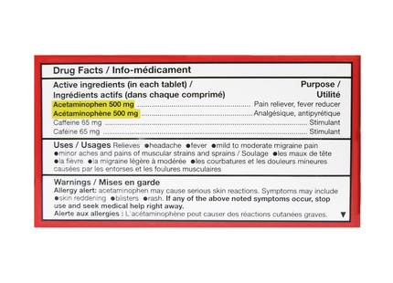 Option+ Ultra Soulagement des maux de tête Acétaminophène 500 mg + Caféine 65 mg | 80 comprimés