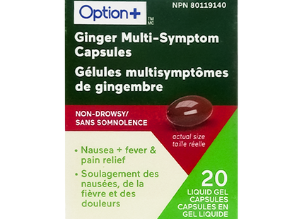 Option+ Gélules multi-symptômes au gingembre, sans somnolence | 20 gélules de gel liquide