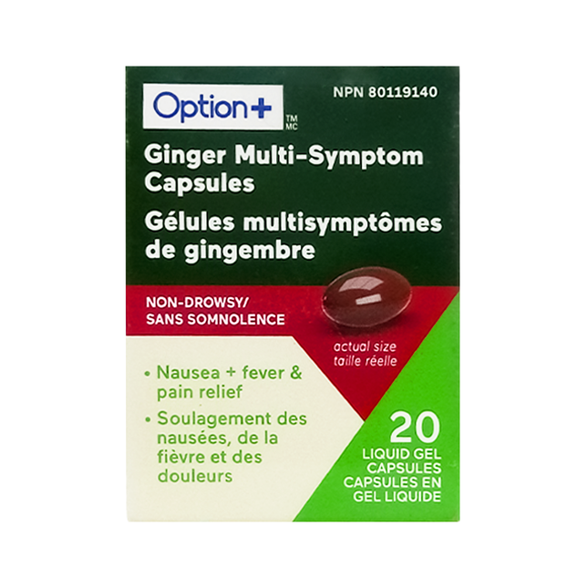 Option+ Ginger Multi-Symptom Capsules, Non-Drowsy | 20 Liquid Gel Capsules