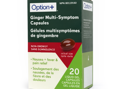 Option+ Gélules multi-symptômes au gingembre, sans somnolence | 20 gélules de gel liquide
