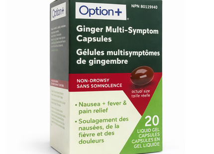 Option+ Gélules multi-symptômes au gingembre, sans somnolence | 20 gélules de gel liquide