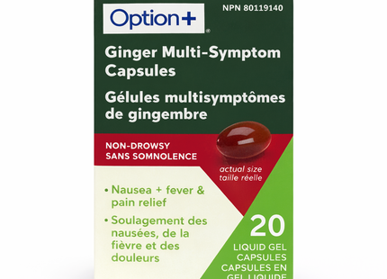 Option+ Gélules multi-symptômes au gingembre, sans somnolence | 20 gélules de gel liquide