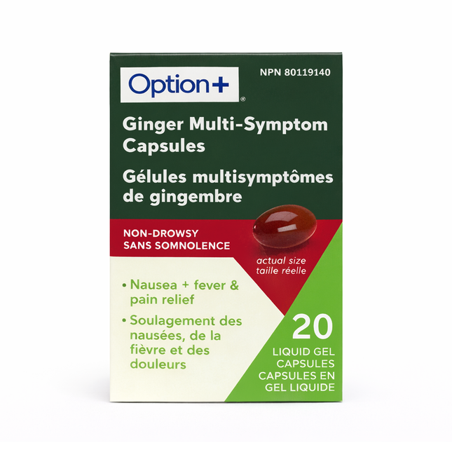 Option+ Gélules multi-symptômes au gingembre, sans somnolence | 20 gélules de gel liquide