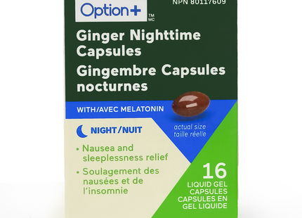 Option+ Gélules de nuit au gingembre avec mélatonine | 16 gélules de gel liquide