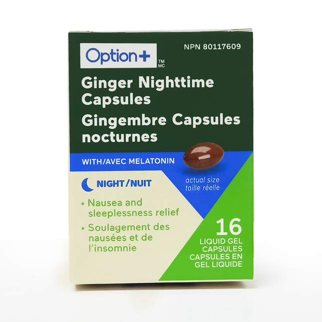 Option+ Ginger Nighttime Capsules With Melatonin | 16 Liquid Gel Capsules