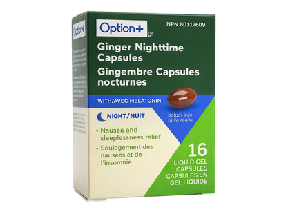 Option+ Gélules de nuit au gingembre avec mélatonine | 16 gélules de gel liquide