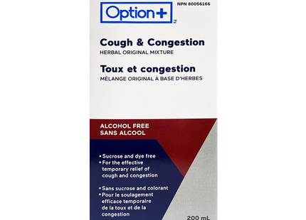 Option+ Cough & Congestion Herbal Original Mixture, Alcohol Free | 200 mL