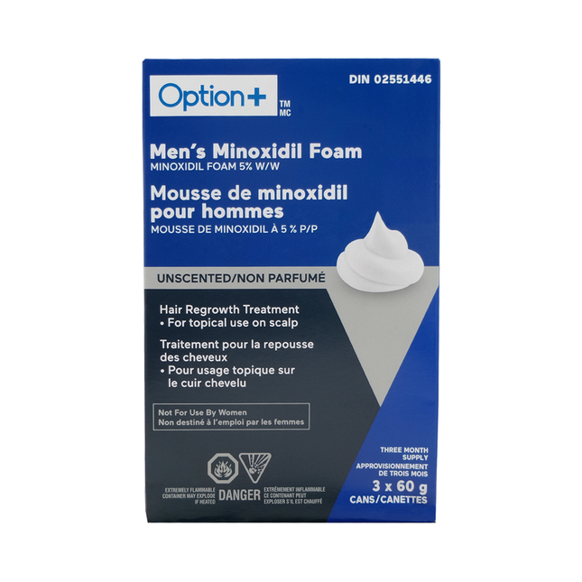 Option+ Men's Minoxidil Foam 5% Three Months Supply, Unscented | 3 x 60 g
