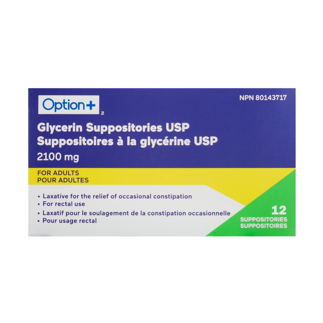 Suppositoires à la glycérine Option+ pour adultes | 12 suppositoires