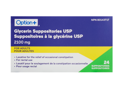 Suppositoires à la glycérine Option+ pour adultes | 24 suppositoires