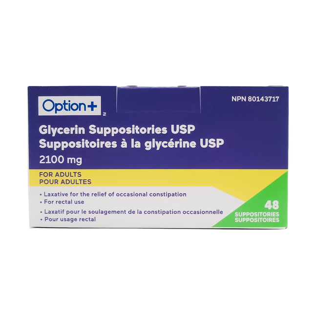 Suppositoires à la glycérine Option+ pour soulager la constipation | 48 suppositoires