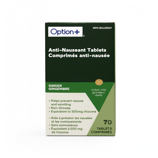 Option+ Comprimés de gingembre anti-nauséeux | 70 comprimés
